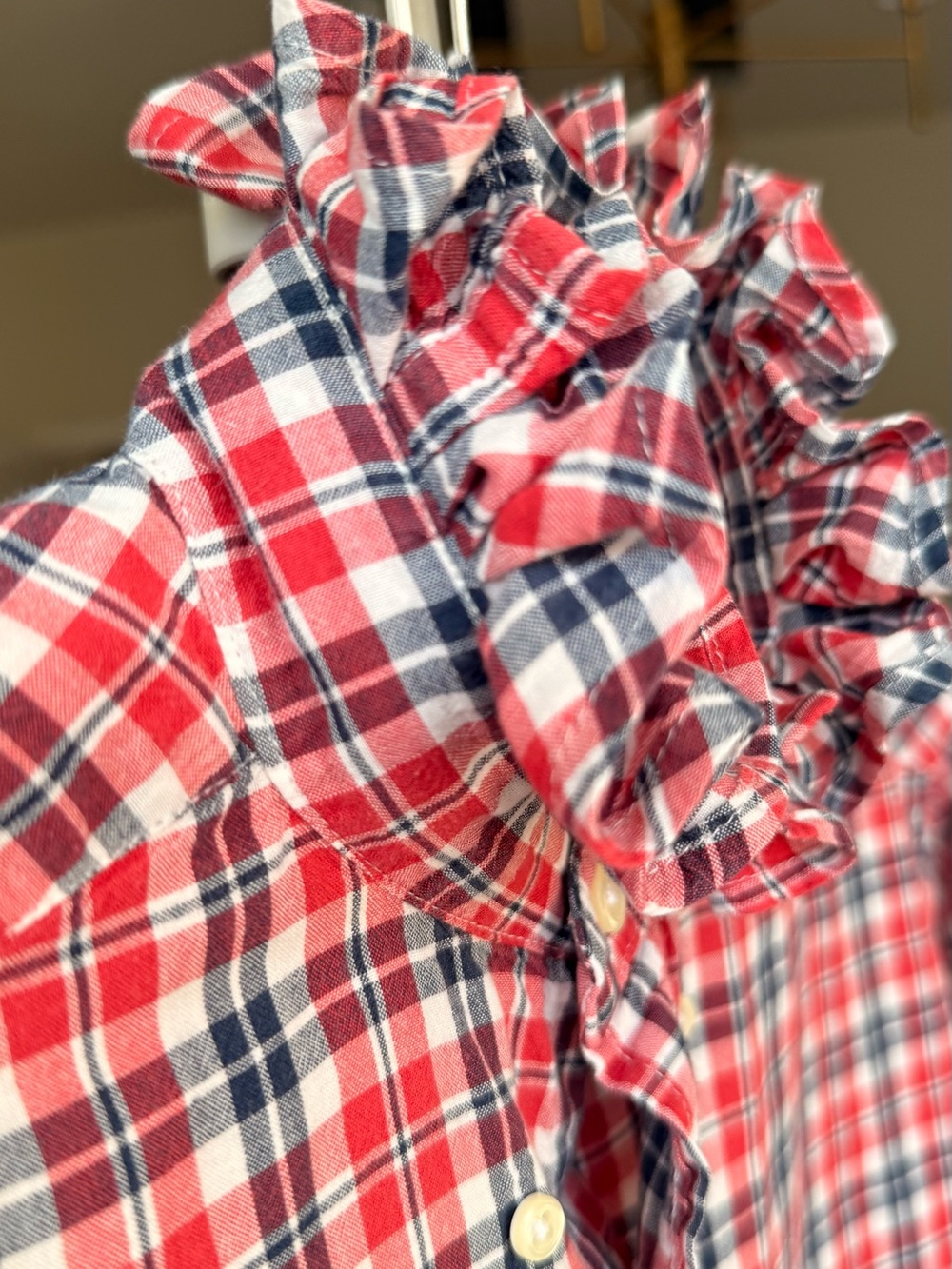 LG Red, Navy Plaid Upcycle Ruffle Button-Down Blouse XL